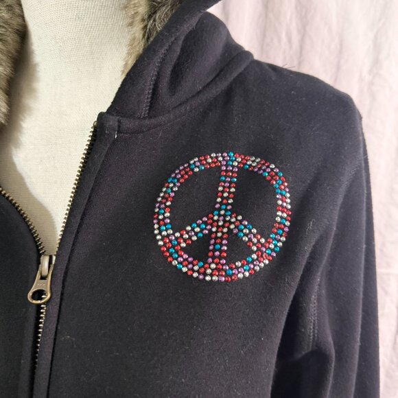 Old Navy Black Vintage Peace Logo Faux Fur Hoodie - Picture 3 of 9